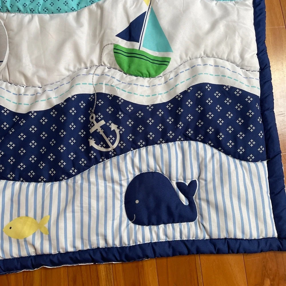 Nursery crib set Nautical Baby Quilt & 2 Crib Skirts BOAT ANCHOR WHALE S…